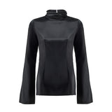 Silk Pleated Neck Top Black