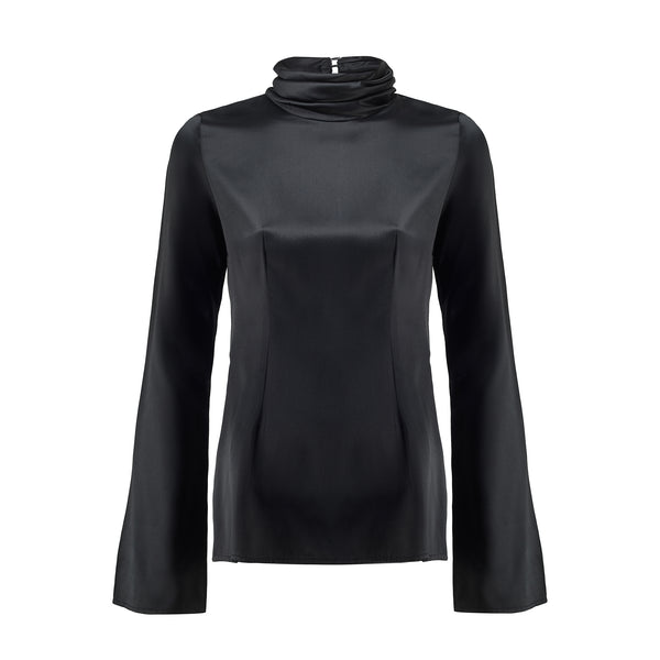 Silk Pleated Neck Top Black
