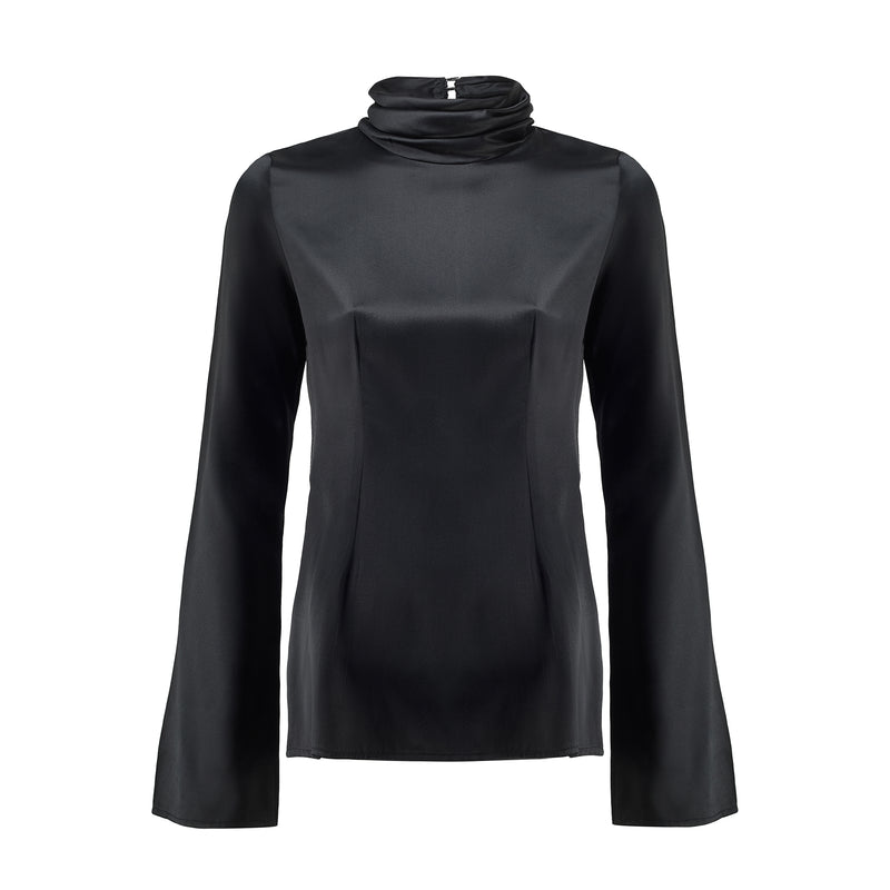 Silk Pleated Neck Top Black