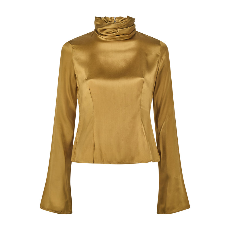 Silk Pleated Neck Top Olive
