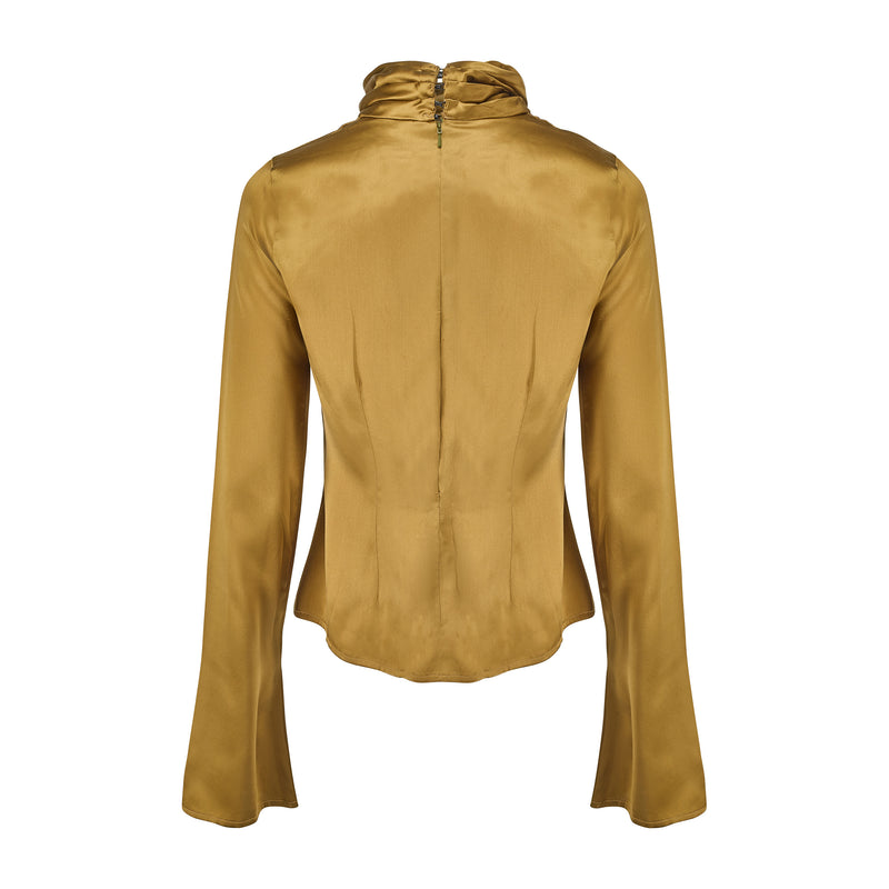 Silk Pleated Neck Top Olive