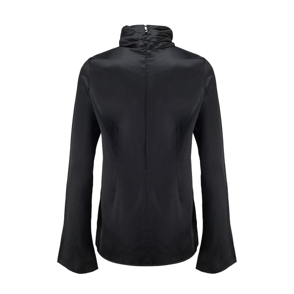 Silk Pleated Neck Top Black